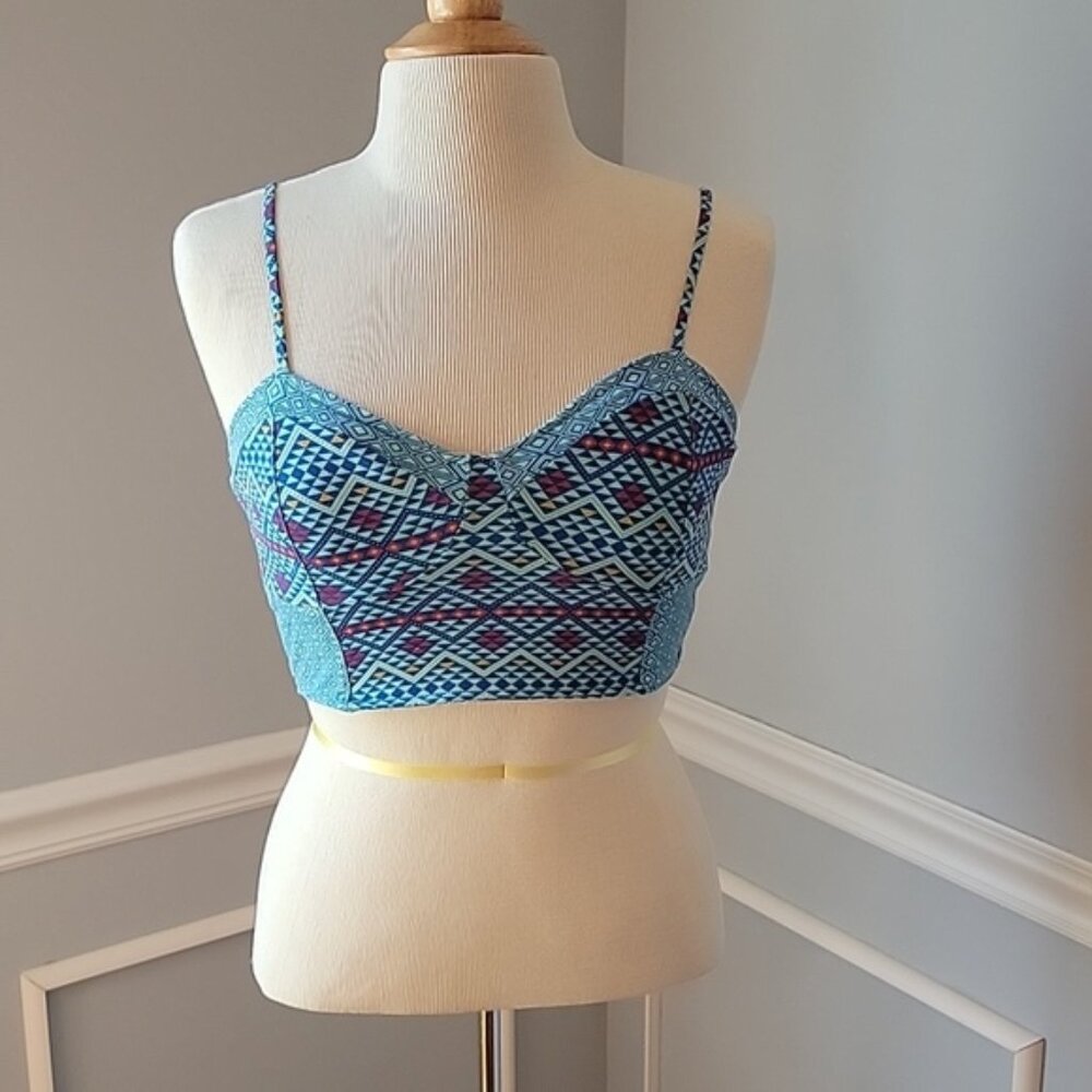 O'NEILL Blue Geometric Print Smocked Back Bralette Cropped Cami Boho‎ Tank Top S